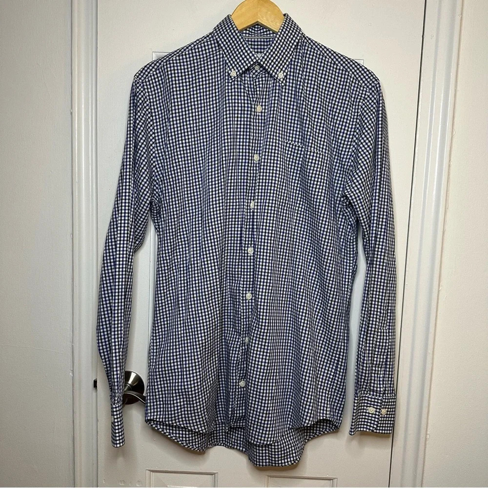 Peter Millar‎ Gingham Button Down Dress Shirt Blue Black Checked Medium Casual